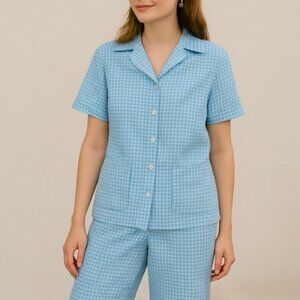 Vintage 70s Matching Two-Piece Pant Set Size Small Blue Gingham Checker Retro